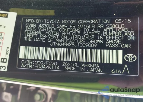 2018 Toyota C-Hr Xle Premium from USA, damaged, VIN JTNKHMBX5J1009089